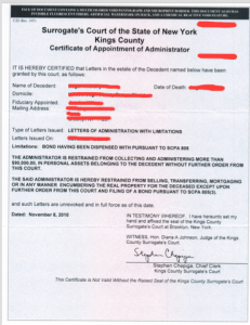 New York Certificate of Appointment of Estate Administrator